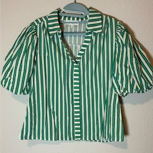 Striped Green, Blue & White Puff Sleeve Blouse